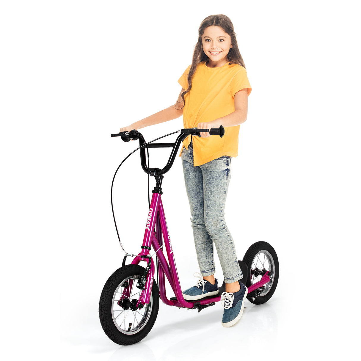 Height Adjustable Kid Kick Scooter with 12 Inch Air Filled Wheel-Pink