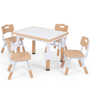 Height Adjustable  Kids Table and 4 Chairs Set with Graffiti Desktop and 2 Storage Baskets-Natrual