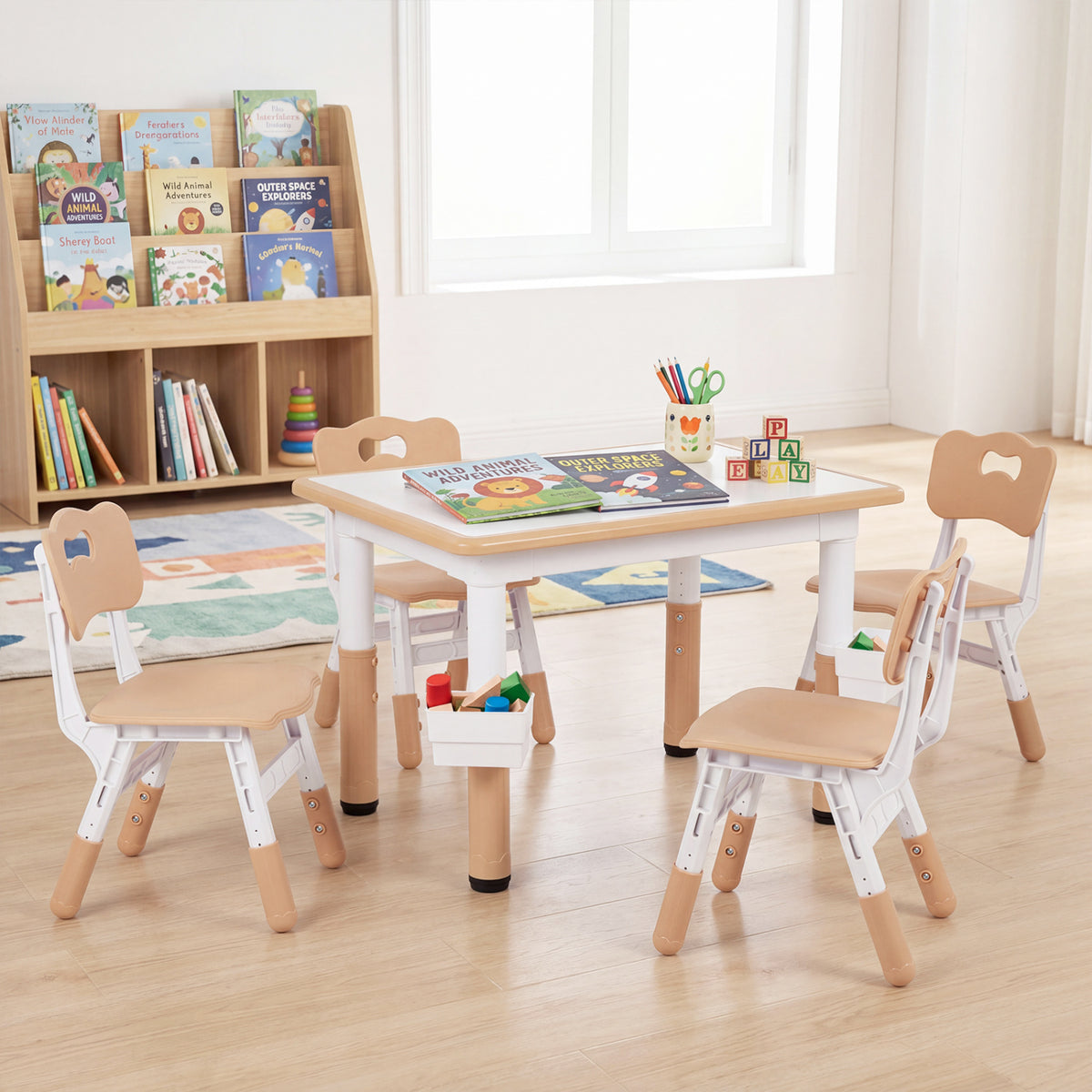 Height Adjustable  Kids Table and 4 Chairs Set with Graffiti Desktop and 2 Storage Baskets-Natrual