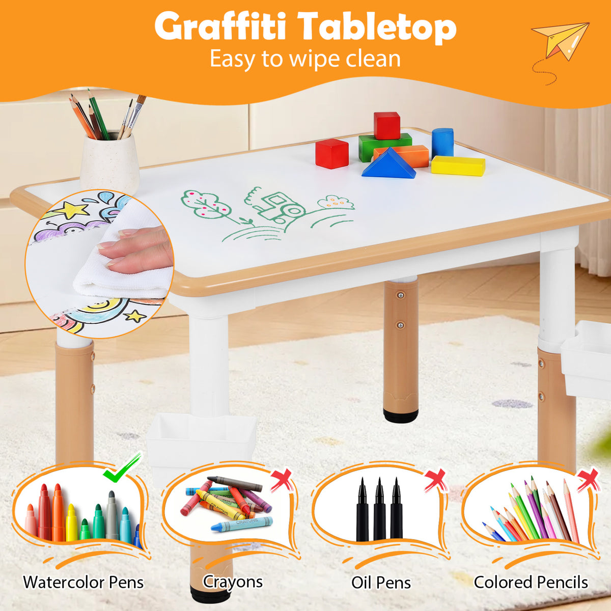 Height Adjustable  Kids Table and 4 Chairs Set with Graffiti Desktop and 2 Storage Baskets-Natrual