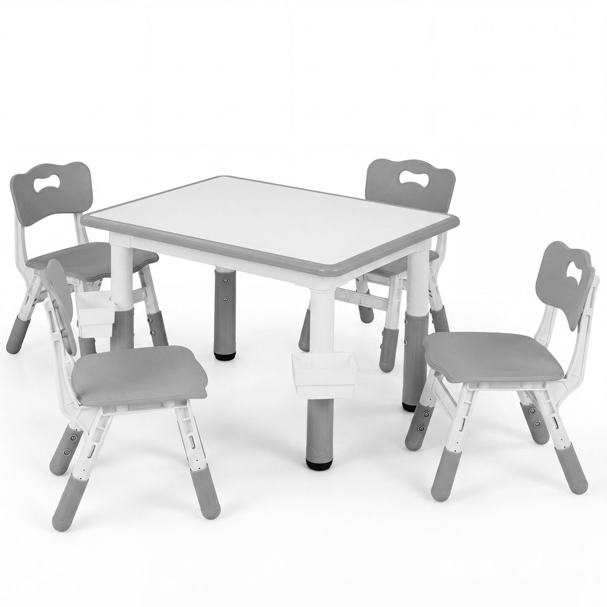 Height Adjustable  Kids Table and 4 Chairs Set with Graffiti Desktop and 2 Storage Baskets-Gray