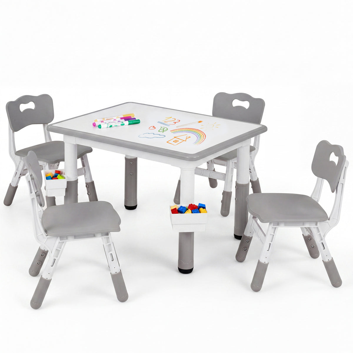 Height Adjustable  Kids Table and 4 Chairs Set with Graffiti Desktop and 2 Storage Baskets-Gray