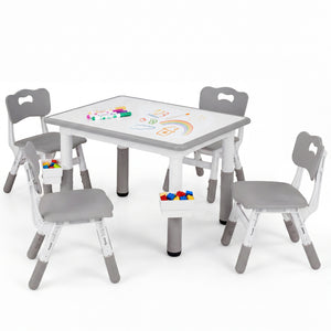 Height Adjustable  Kids Table and 4 Chairs Set with Graffiti Desktop and 2 Storage Baskets-Gray