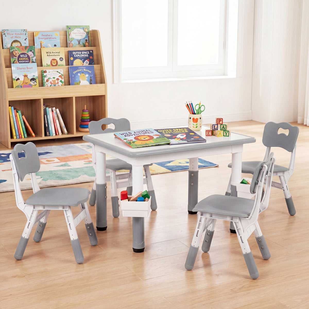 Height Adjustable  Kids Table and 4 Chairs Set with Graffiti Desktop and 2 Storage Baskets-Gray