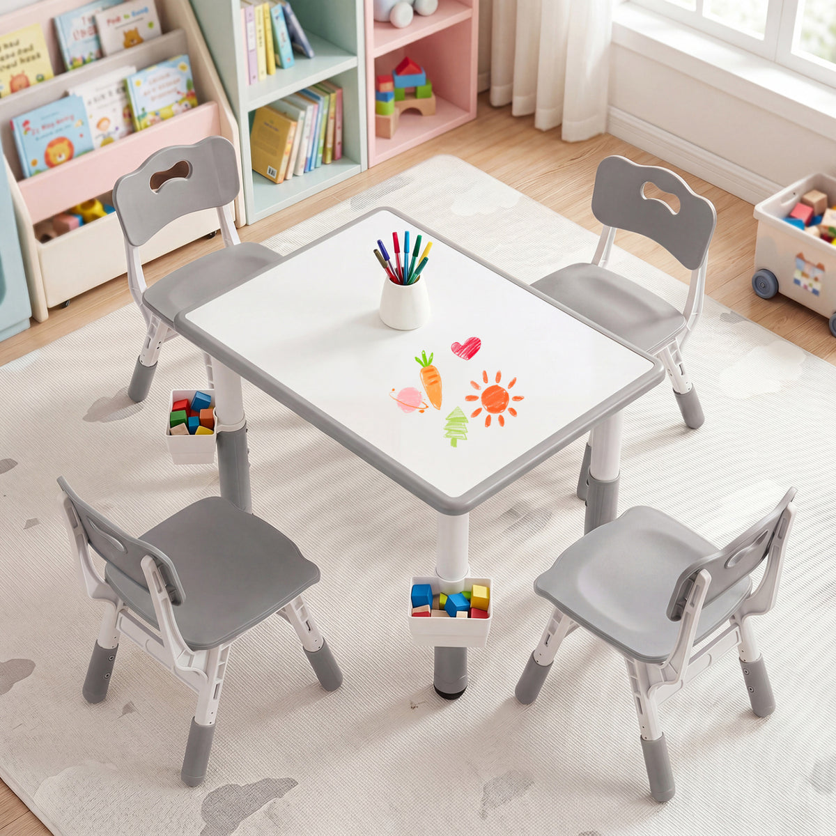 Height Adjustable  Kids Table and 4 Chairs Set with Graffiti Desktop and 2 Storage Baskets-Gray