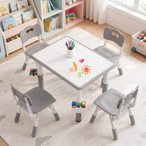 Height Adjustable  Kids Table and 4 Chairs Set with Graffiti Desktop and 2 Storage Baskets-Gray