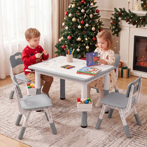 Height Adjustable  Kids Table and 4 Chairs Set with Graffiti Desktop and 2 Storage Baskets-Gray