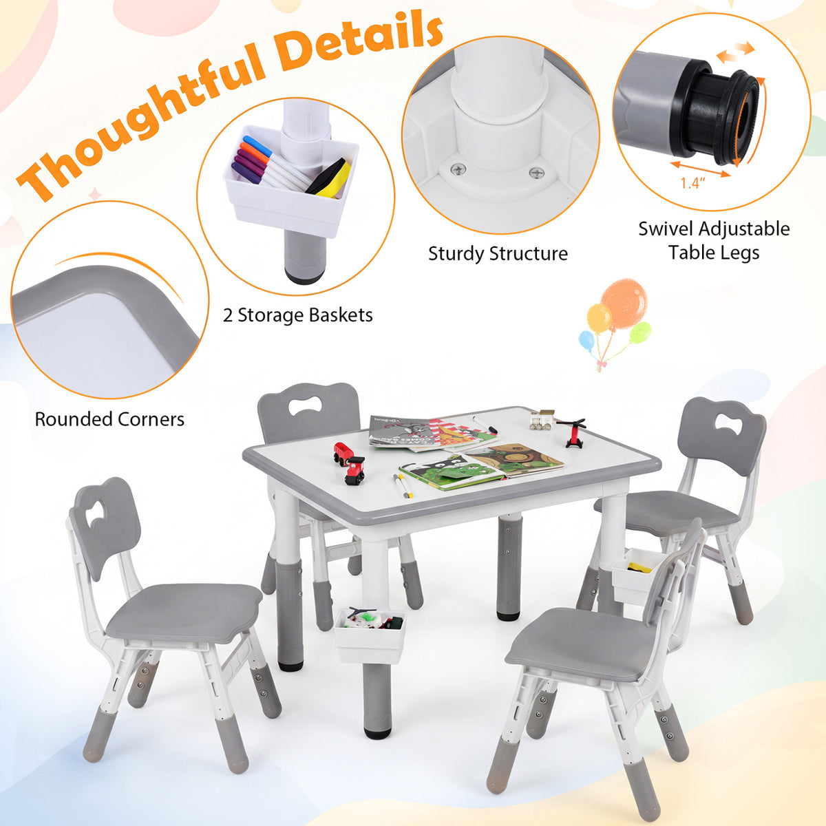 Height Adjustable  Kids Table and 4 Chairs Set with Graffiti Desktop and 2 Storage Baskets-Gray