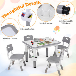 Height Adjustable  Kids Table and 4 Chairs Set with Graffiti Desktop and 2 Storage Baskets-Gray