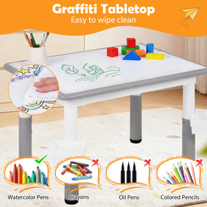 Height Adjustable  Kids Table and 4 Chairs Set with Graffiti Desktop and 2 Storage Baskets-Gray