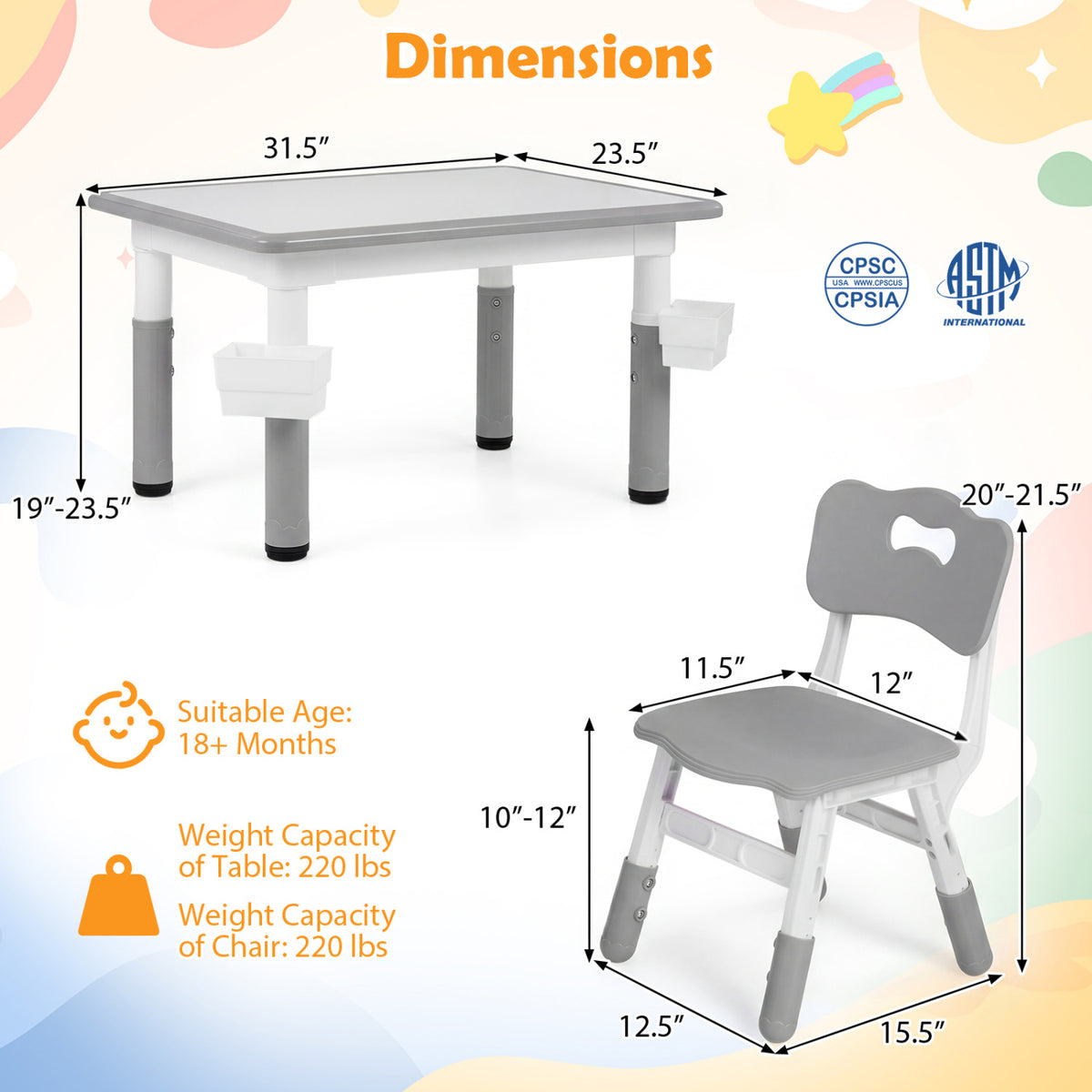 Height Adjustable  Kids Table and 4 Chairs Set with Graffiti Desktop and 2 Storage Baskets-Gray
