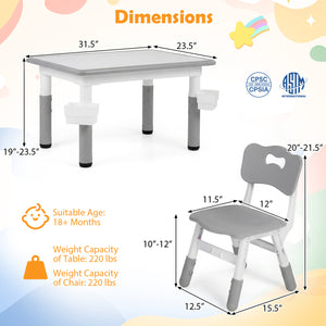 Height Adjustable  Kids Table and 4 Chairs Set with Graffiti Desktop and 2 Storage Baskets-Gray