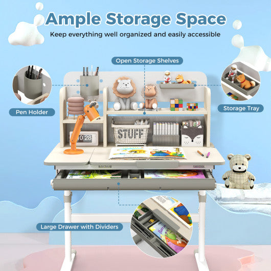 Height Adjustable Kids Study Desk with Tilt Desktop for 3-12 Years Old-Gray