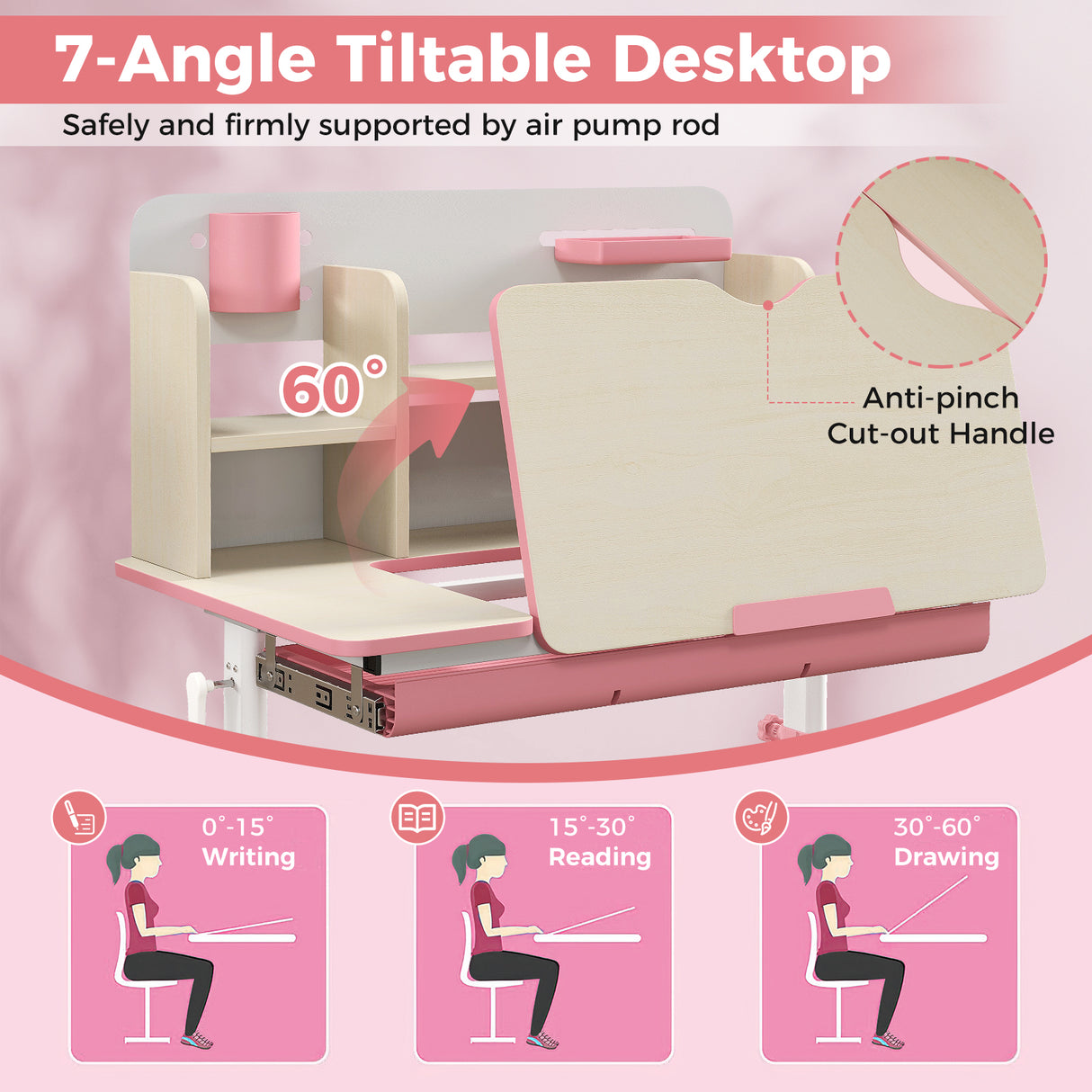 Height Adjustable Kids Study Desk with Tilt Desktop for 3-12 Years Old-Pink