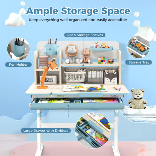 Height Adjustable Kids Study Desk with Tilt Desktop for 3-12 Years Old-Blue