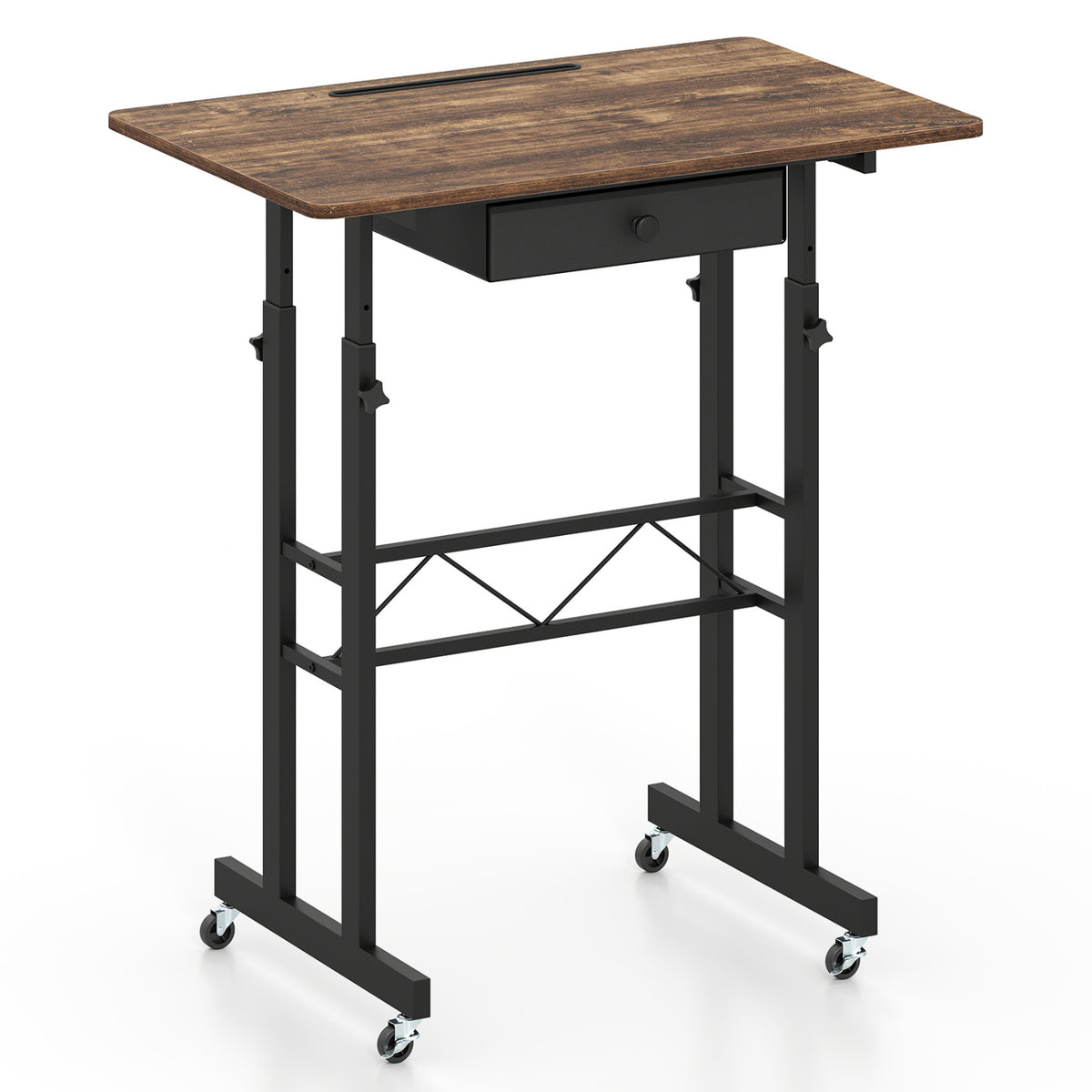 Height Adjustable Laptop Desk with Fabric Drawer Tablet Holder and Lockable Wheels-Rustic Brown