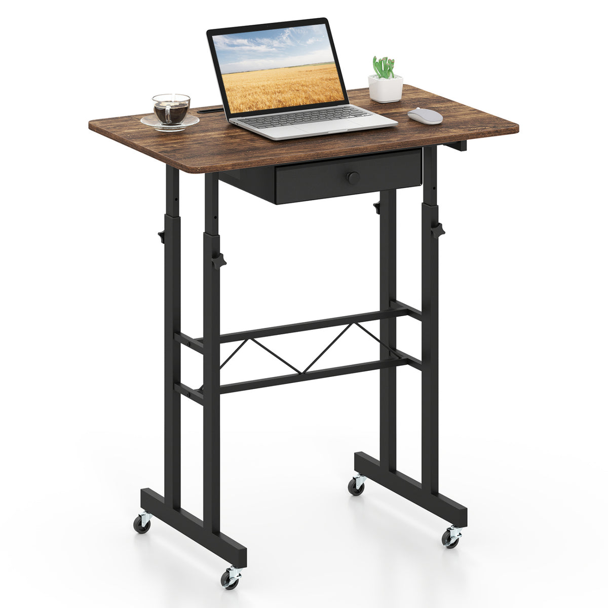 Height Adjustable Laptop Desk with Fabric Drawer Tablet Holder and Lockable Wheels-Rustic Brown