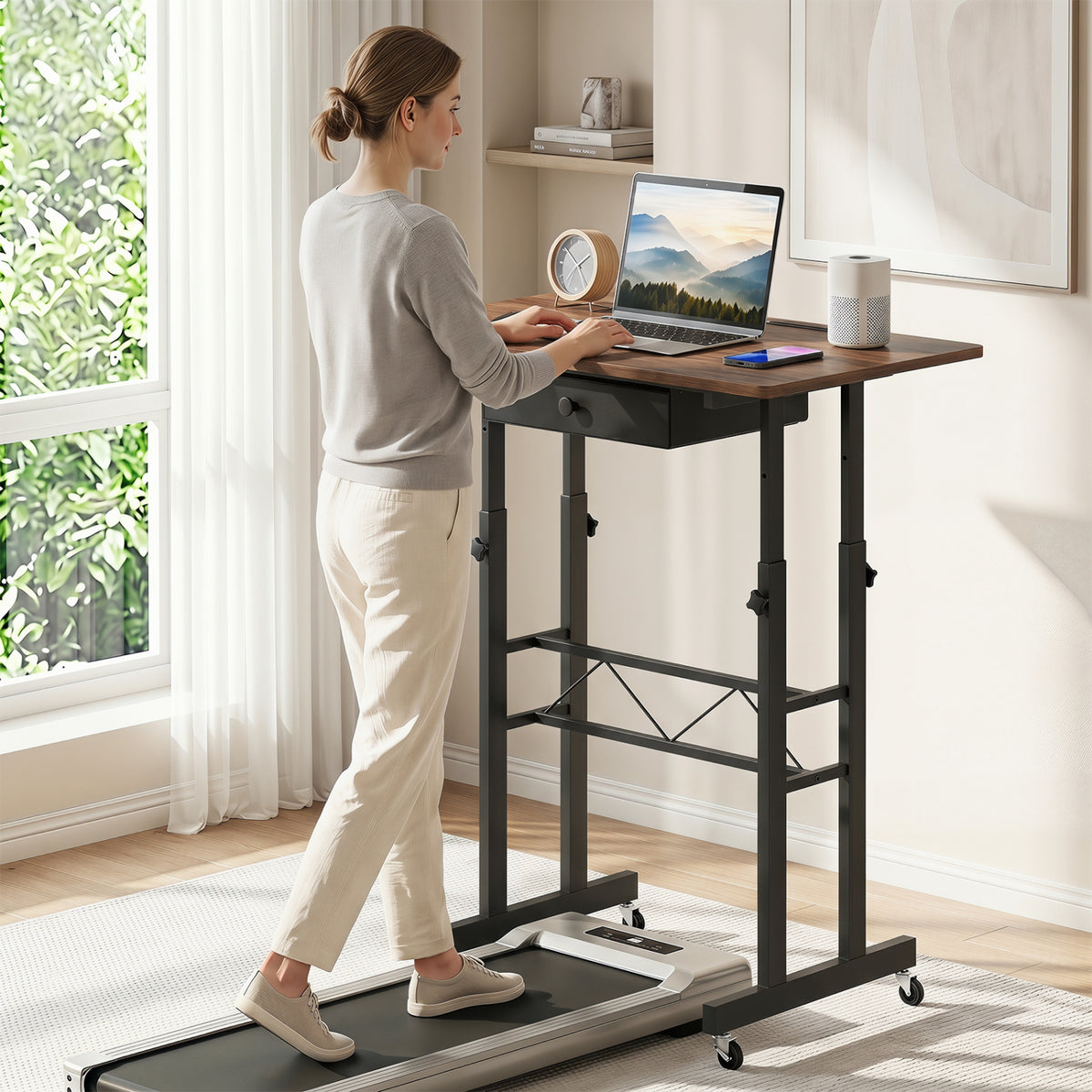 Height Adjustable Laptop Desk with Fabric Drawer Tablet Holder and Lockable Wheels-Rustic Brown