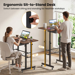 Height Adjustable Laptop Desk with Fabric Drawer Tablet Holder and Lockable Wheels-Rustic Brown