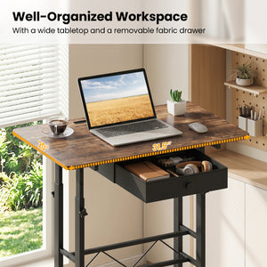 Height Adjustable Laptop Desk with Fabric Drawer Tablet Holder and Lockable Wheels-Rustic Brown