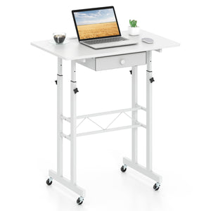 Height Adjustable Laptop Desk with Fabric Drawer Tablet Holder and Lockable Wheels-White