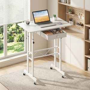 Height Adjustable Laptop Desk with Fabric Drawer Tablet Holder and Lockable Wheels-White