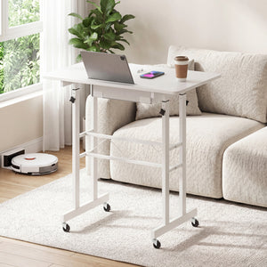 Height Adjustable Laptop Desk with Fabric Drawer Tablet Holder and Lockable Wheels-White