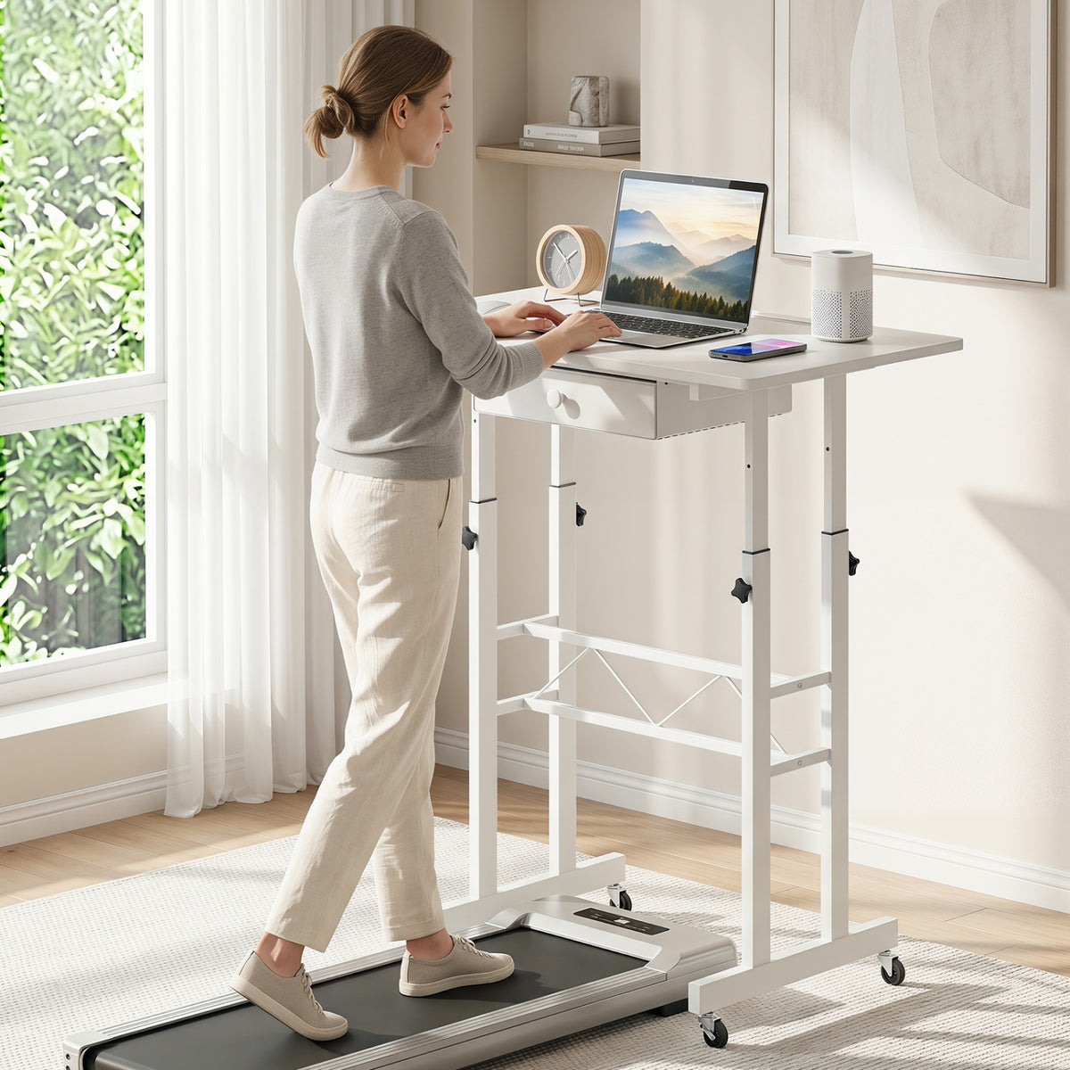 Height Adjustable Laptop Desk with Fabric Drawer Tablet Holder and Lockable Wheels-White