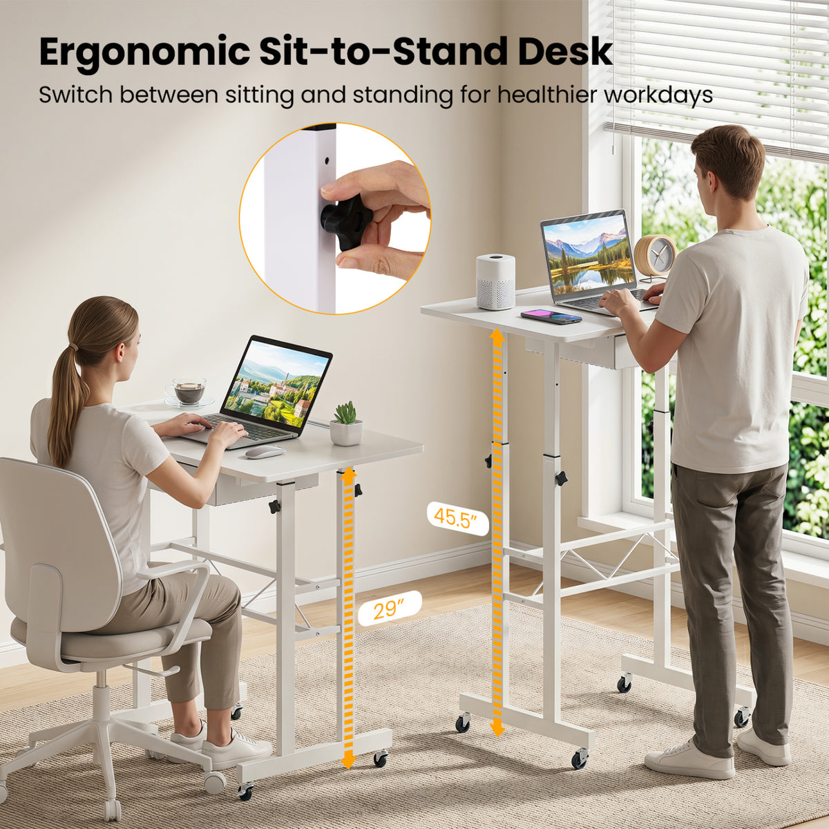 Height Adjustable Laptop Desk with Fabric Drawer Tablet Holder and Lockable Wheels-White