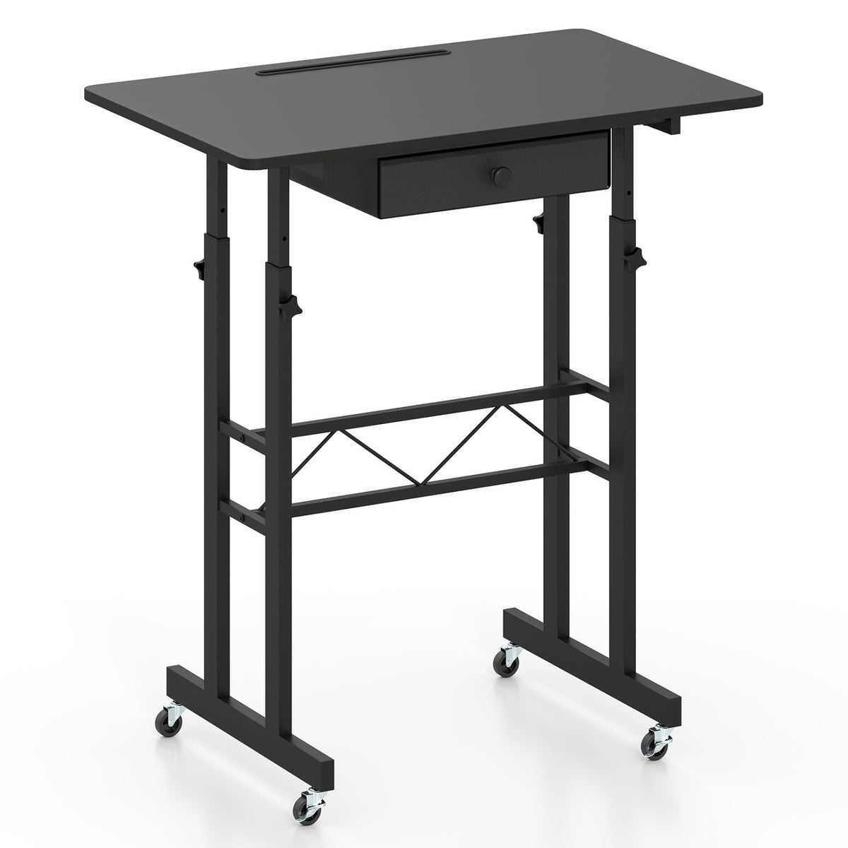 Height Adjustable Laptop Desk with Fabric Drawer Tablet Holder and Lockable Wheels-Black