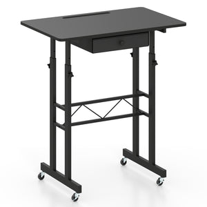 Height Adjustable Laptop Desk with Fabric Drawer Tablet Holder and Lockable Wheels-Black