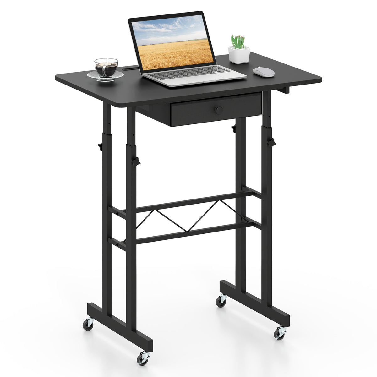Height Adjustable Laptop Desk with Fabric Drawer Tablet Holder and Lockable Wheels-Black