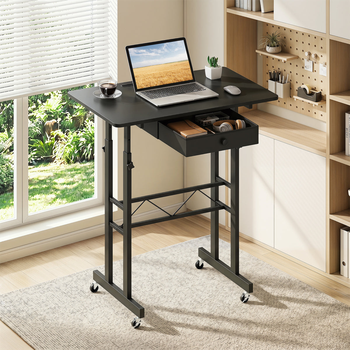 Height Adjustable Laptop Desk with Fabric Drawer Tablet Holder and Lockable Wheels-Black