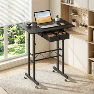 Height Adjustable Laptop Desk with Fabric Drawer Tablet Holder and Lockable Wheels-Black