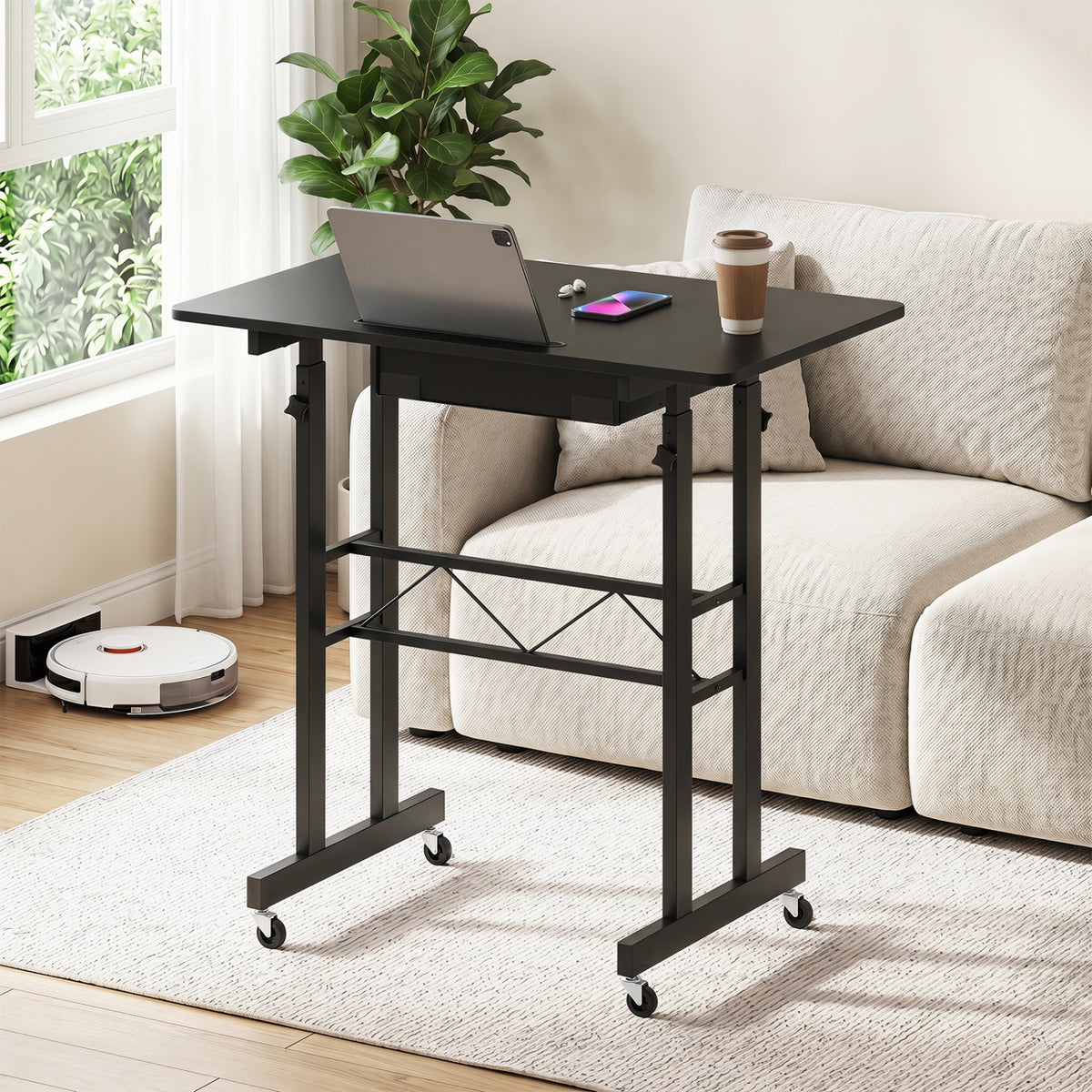 Height Adjustable Laptop Desk with Fabric Drawer Tablet Holder and Lockable Wheels-Black
