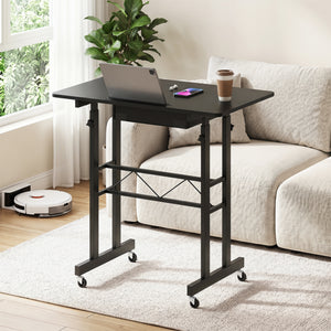 Height Adjustable Laptop Desk with Fabric Drawer Tablet Holder and Lockable Wheels-Black