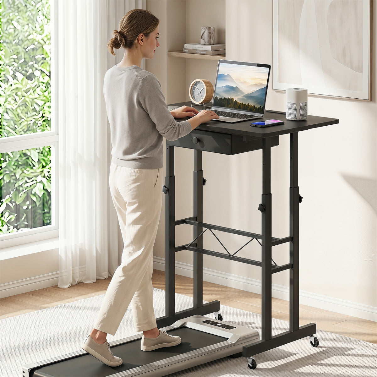 Height Adjustable Laptop Desk with Fabric Drawer Tablet Holder and Lockable Wheels-Black