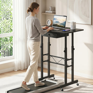 Height Adjustable Laptop Desk with Fabric Drawer Tablet Holder and Lockable Wheels-Black