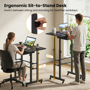 Height Adjustable Laptop Desk with Fabric Drawer Tablet Holder and Lockable Wheels-Black