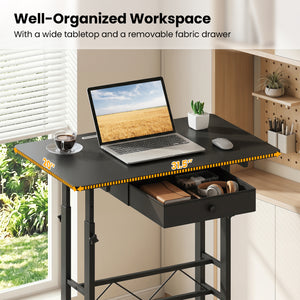 Height Adjustable Laptop Desk with Fabric Drawer Tablet Holder and Lockable Wheels-Black