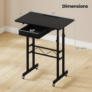 Height Adjustable Laptop Desk with Fabric Drawer Tablet Holder and Lockable Wheels-Black