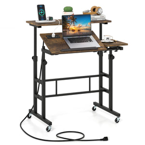 Height Adjustable Mobile Standing Desk with Power Outlets and Portable Rolling Laptop Cart on Wheels-Rustic Brown