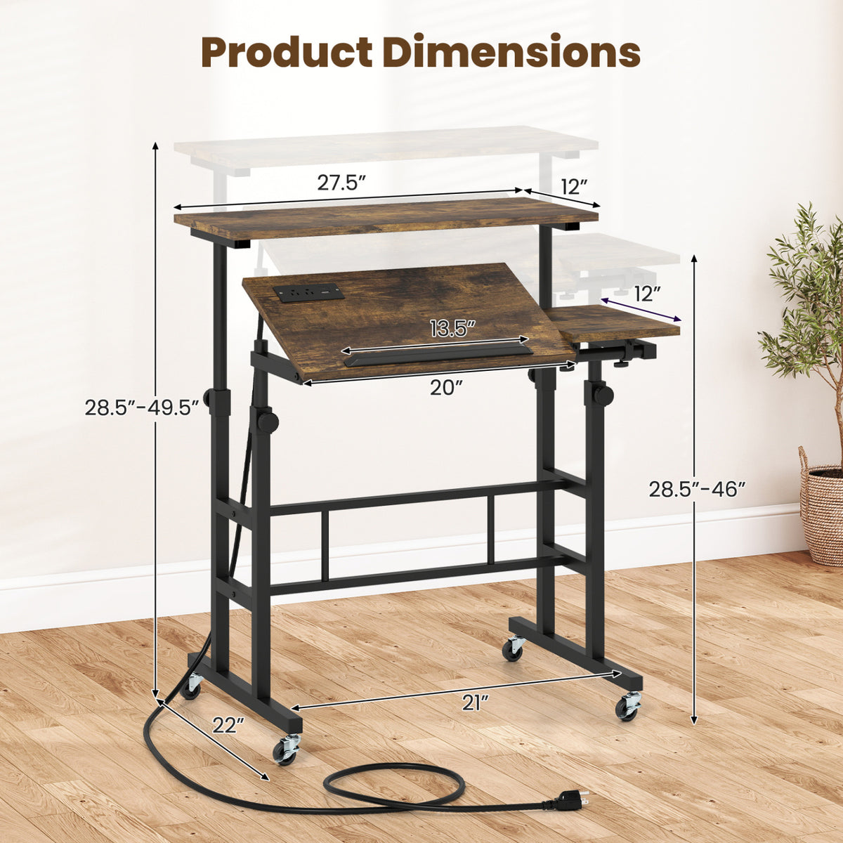Height Adjustable Mobile Standing Desk with Power Outlets and Portable Rolling Laptop Cart on Wheels-Rustic Brown