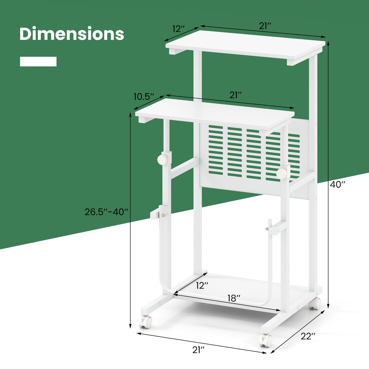 Height Adjustable Mobile Computer Stand-Up Desk with Two Modes-White