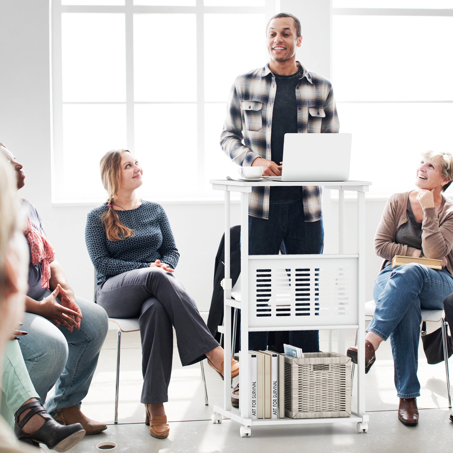 Height Adjustable Mobile Computer Stand-Up Desk with Two Modes-White