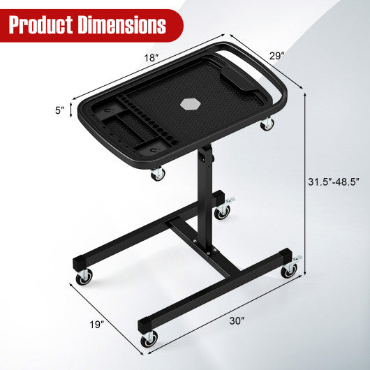 2-in-1 Rolling Tool Tray Height Adjustable Work Table with Detachable Part Tray-Black