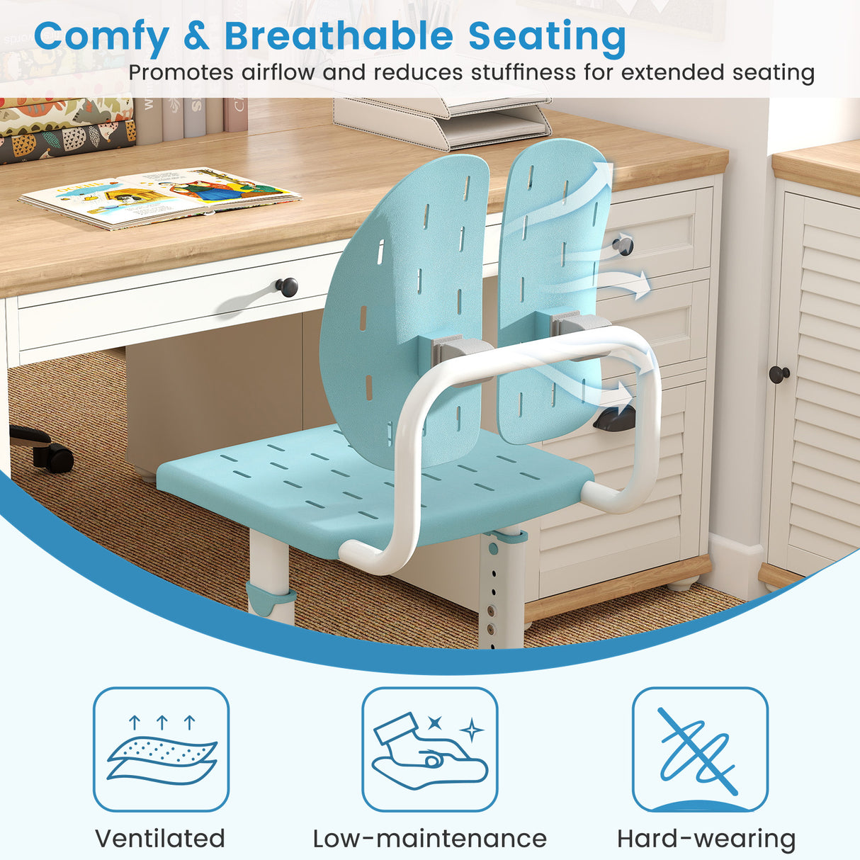 Height-adjustable Kid's Study Chair with Double Back Support and Breathable Seat for 3+ Years Old-Blue
