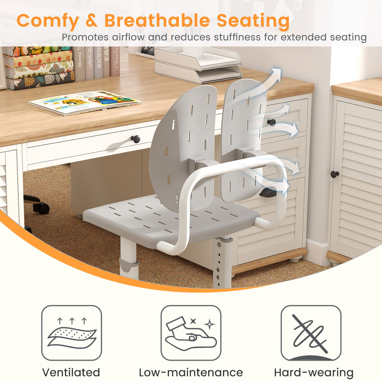 Height-adjustable Kid's Study Chair with Double Back Support and Breathable Seat for 3+ Years Old-Gray