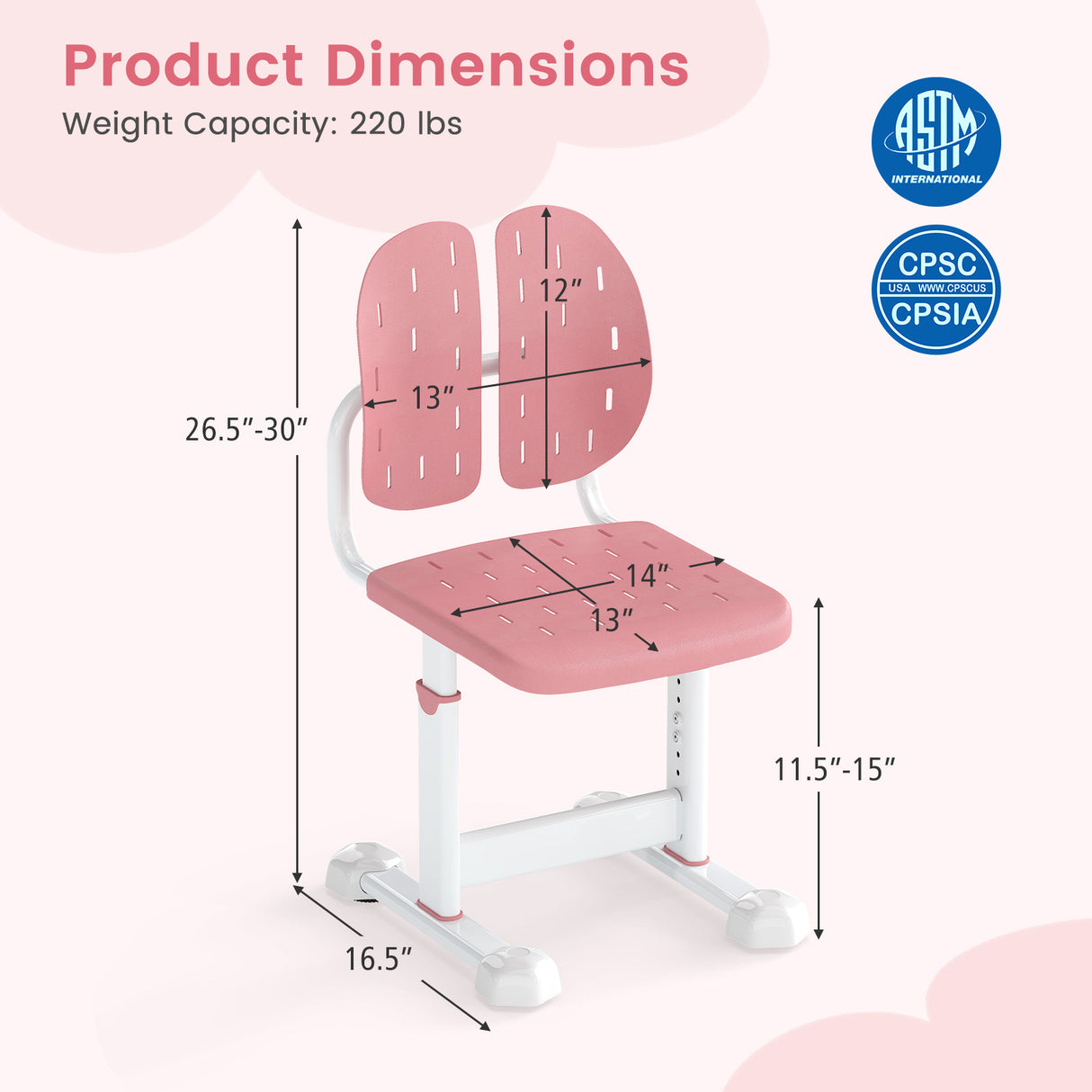 Height-adjustable Kid's Study Chair with Double Back Support and Breathable Seat for 3+ Years Old-Pink