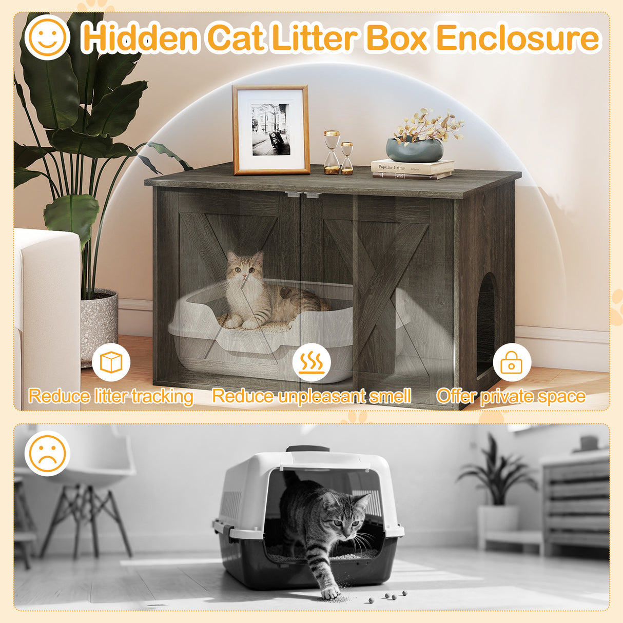 Hidden Cat Litter Box Enclosure Furniture with Divider-Oak